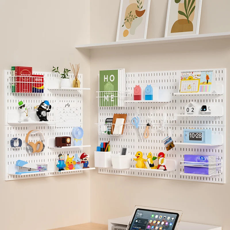 Kit organizador de pared combinado con tablero perforado DIY: paneles colgantes modulares, instalación sin perforaciones, ideal para exhibición de pared de habitaciones artesanales