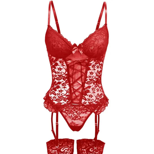Conjunto erótico de lencería para mujer, ropa interior de encaje transparente, Bralette, sujetador, conjunto de ligas, Tanga, ropa de dormir, atuendo Sexy