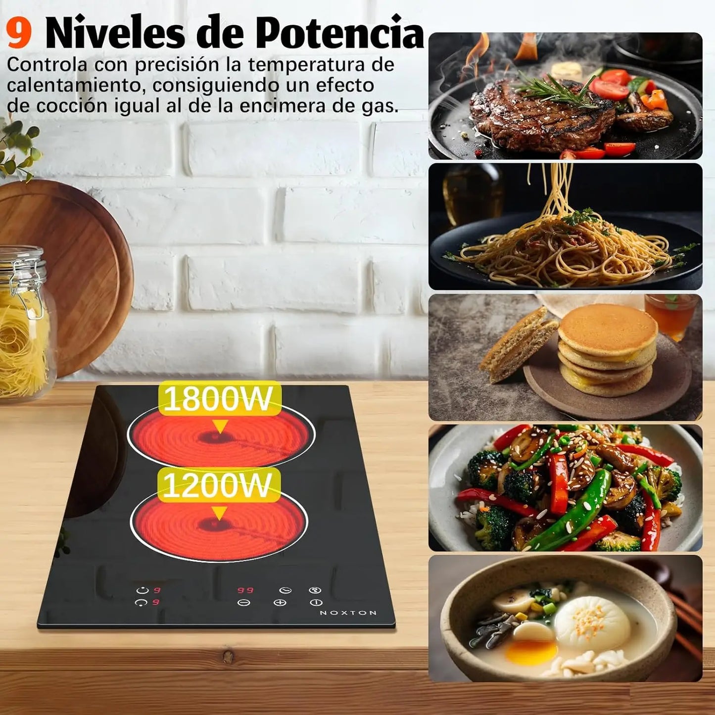 NOXTON Placa vitroceramica 2 Fuegos, 3000W, vitrocerámica 60 cm, Ajuste de 9 velocidades, Bloqueo de seguridad, Indicador de calentamiento, Mandos táctiles
