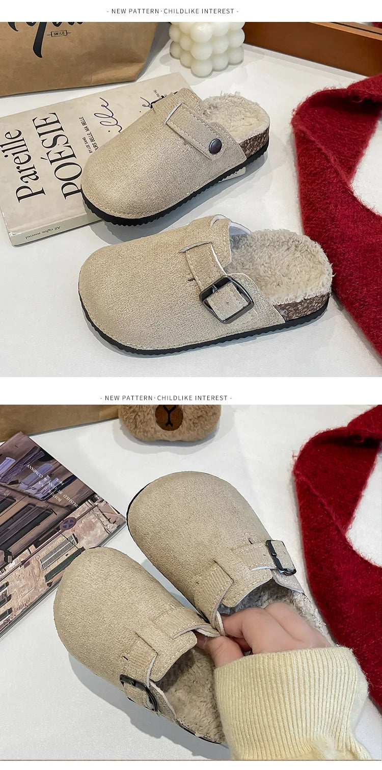 2025 niños niñas invierno cálido felpa corcho cama piel zuecos zapatillas señora peluda casa pisos zapatillas de algodón