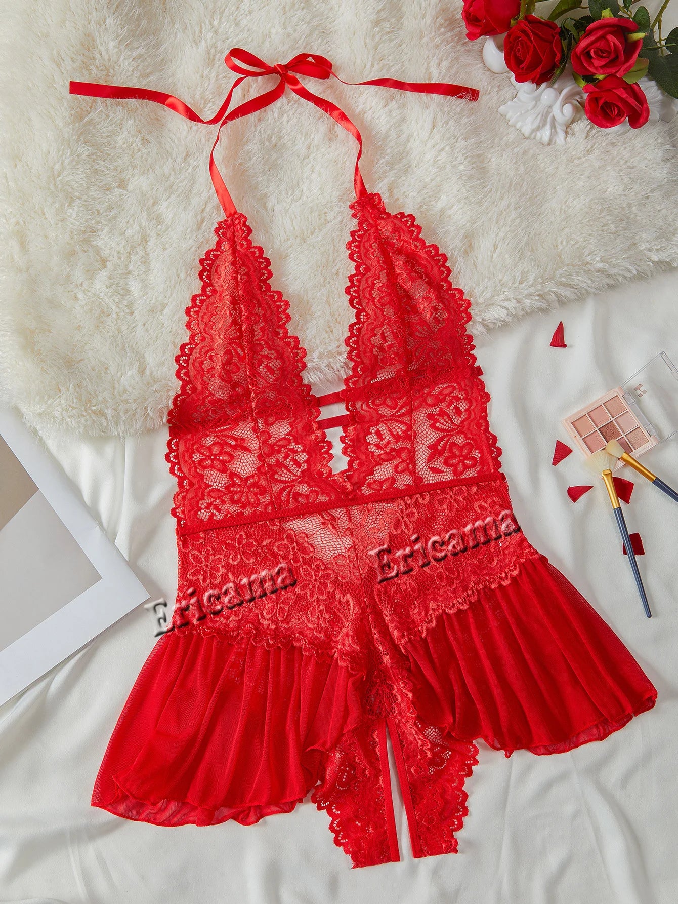 Conjunto de lencería erótica hueca de realce para mujer, ropa interior transparente de encaje, conjunto de sujetador erótico ajustado, vestido de dormir Sexy de encaje a la moda