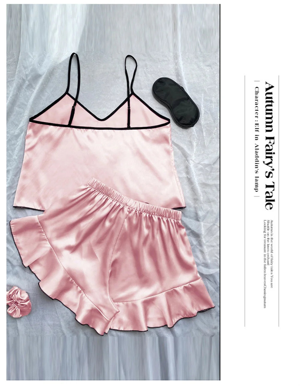 Pijamas de satén liso para mujer, camiseta con cuello en V, bordes con volantes y pantalones cortos con lazo, conjunto de pijama sencillo y transpirable, ropa para el hogar con tirantes