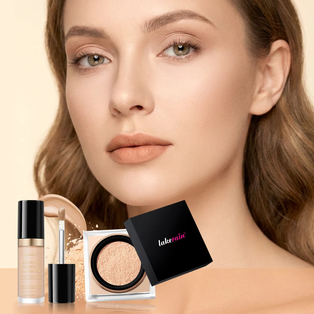 Juego de maquillaje facial de 2 piezas con corrector y polvo fijador suelto, acabado mate natural para el rostro, cosméticos para mujer, maquillaje coreano