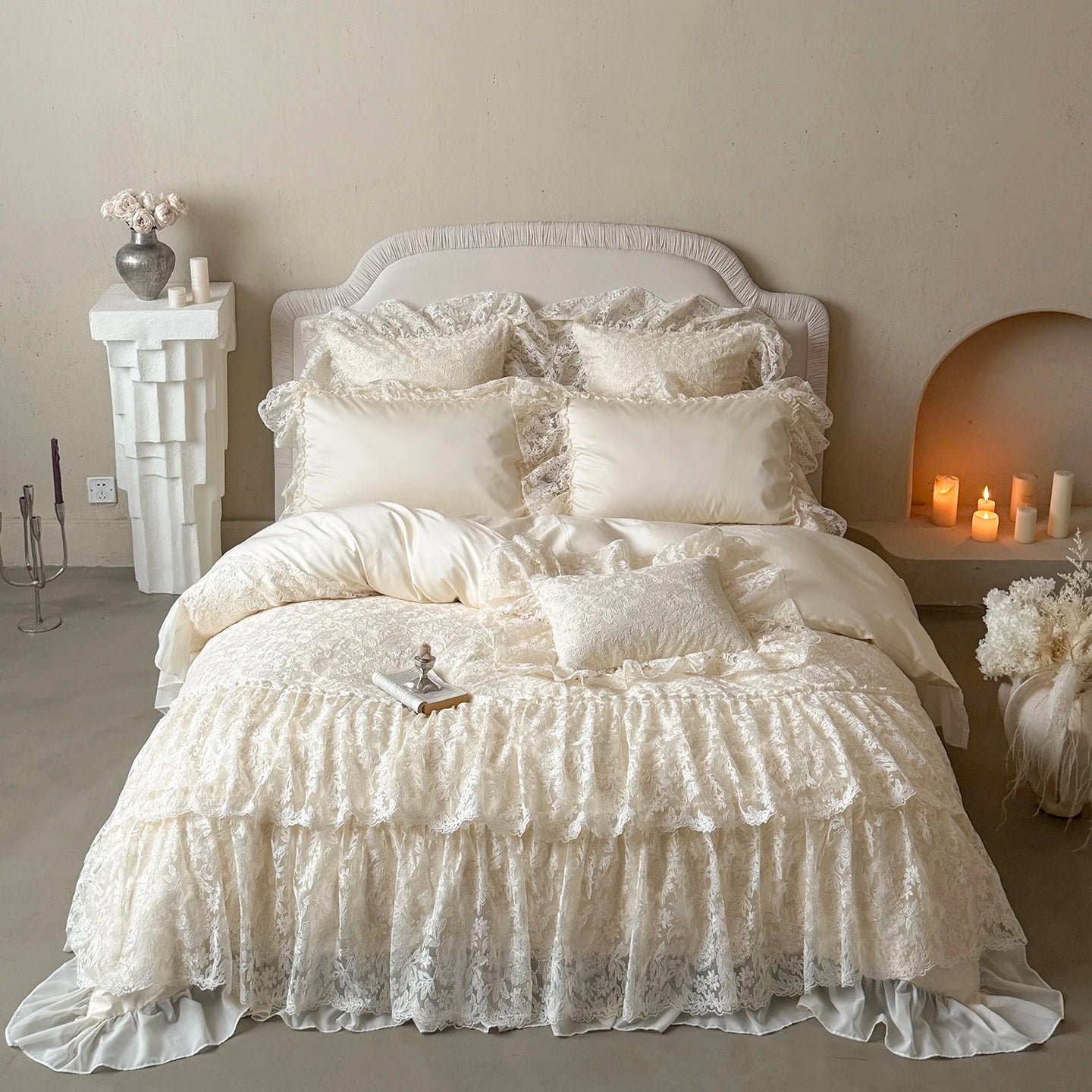 Juego de Ropa de Cama de Algodón Egipcio Beige, Juego de Funda Nórdica con Bordado de Encaje de Lujo, Sábanas y Fundas de Almohada, Textiles para el Hogar