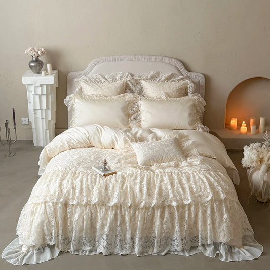 Juego de Ropa de Cama de Algodón Egipcio Beige, Juego de Funda Nórdica con Bordado de Encaje de Lujo, Sábanas y Fundas de Almohada, Textiles para el Hogar
