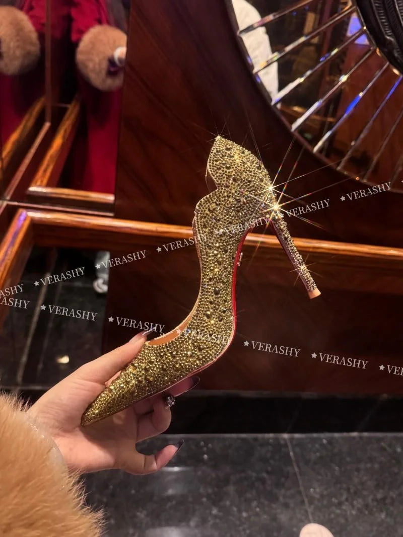 Tacones altos para mujer, primavera 20220, oro nuevo, Sexy, puntiagudos, franceses, finos con zapatos individuales, zapatos de boda de cristal para mujer, zapato de suela roja para mujer