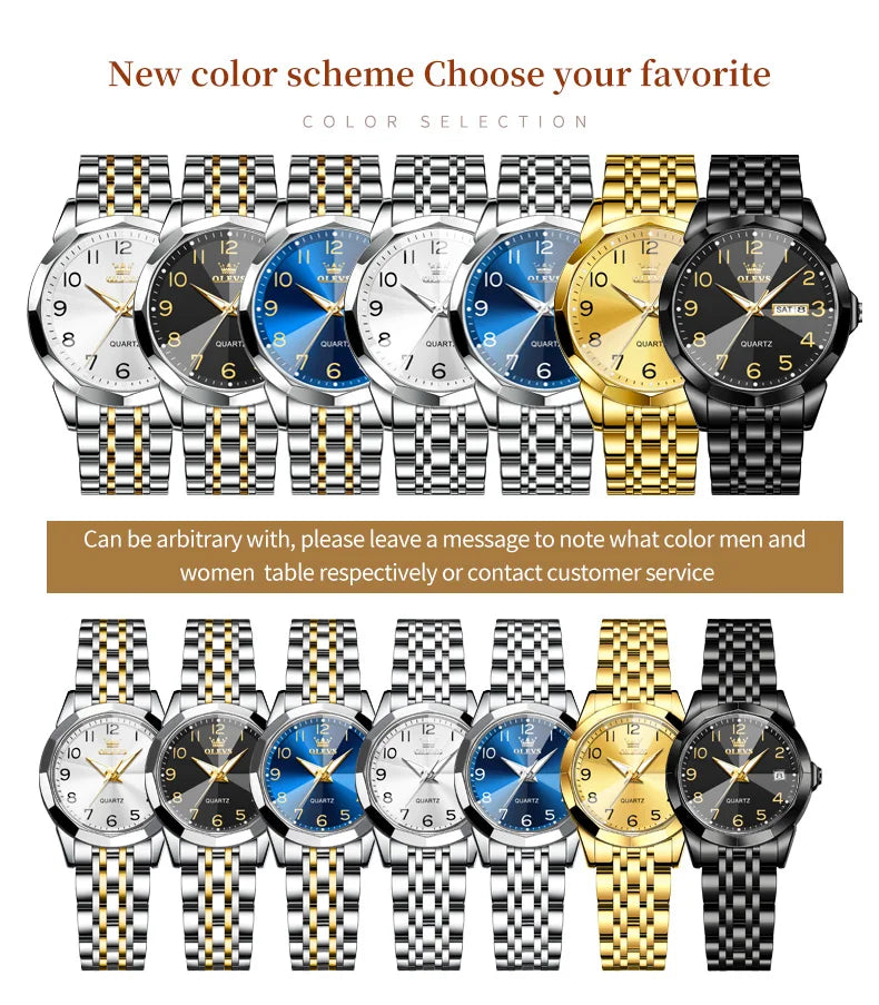 OLEVS 9970 reloj de lujo para parejas, reloj de pulsera con calendario resistente al agua de acero inoxidable para hombres y mujeres, reloj para amantes del espejo con rombos y esfera Digital