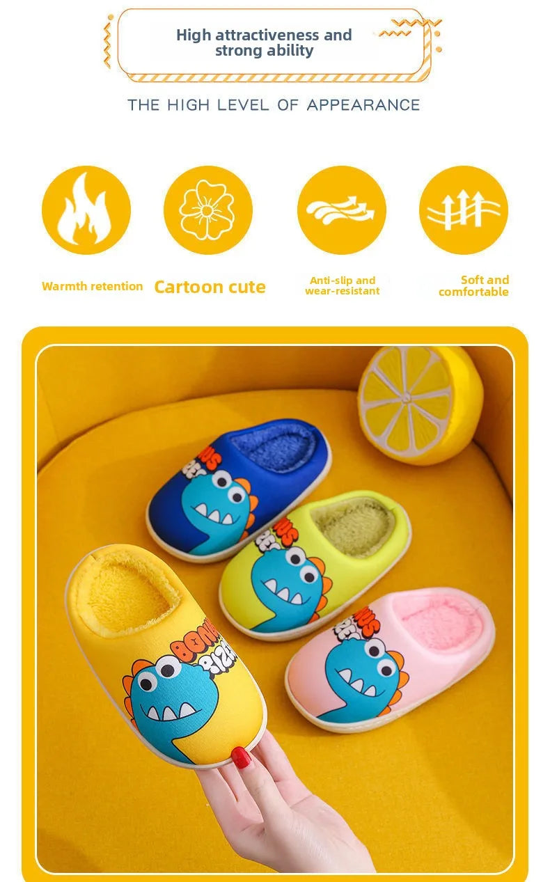 Zapatillas con patrón de dinosaurio de dibujos animados para niños y niñas, bonitos zapatos de felpa, zapatos cálidos adecuados para interiores de otoño e invierno
