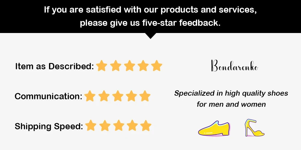 Vivodeco feedback graphic requesting five star reviews for item description communication and shipping speed with yellow star ratings and shoe illustrations.