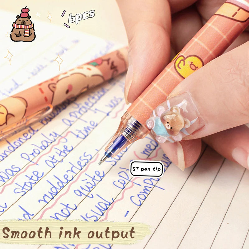 Lindos bolígrafos de gel Capybara: juego de bolígrafos borrables azules de secado rápido Kawaii de 6 piezas para oficina, escuela y papelería estética