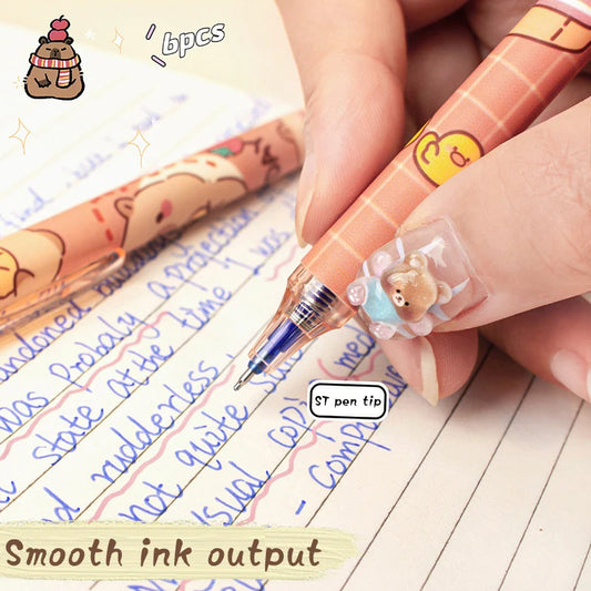 Lindos bolígrafos de gel Capybara: juego de bolígrafos borrables azules de secado rápido Kawaii de 6 piezas para oficina, escuela y papelería estética