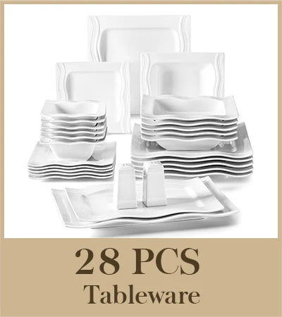 MALACASA Juego de vajilla cuadrada, platos y cuencos de porcelana blanca de 28 piezas, juego de cena para sal, pimienta, ensalada, Pasta