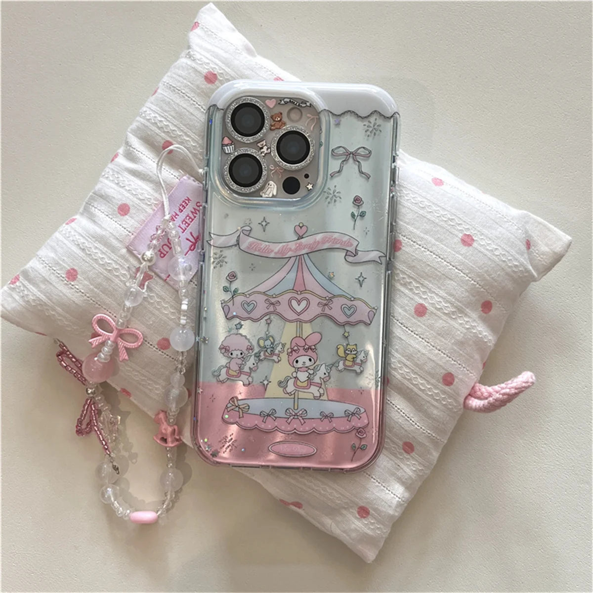 Funda de teléfono Kawaii carrusel Melody Bow para iPhone 16 Pro 15 14 Pro Max, funda con correa de cadena de mano, fundas bonitas a prueba de golpes