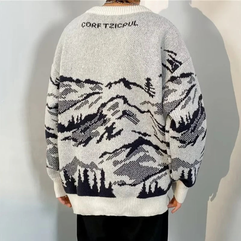 Suéteres de Jacquard con gráfico de montaña para hombre, jerséis de punto informales de manga larga Y2K, prendas de punto Vintage con cuello redondo, otoño