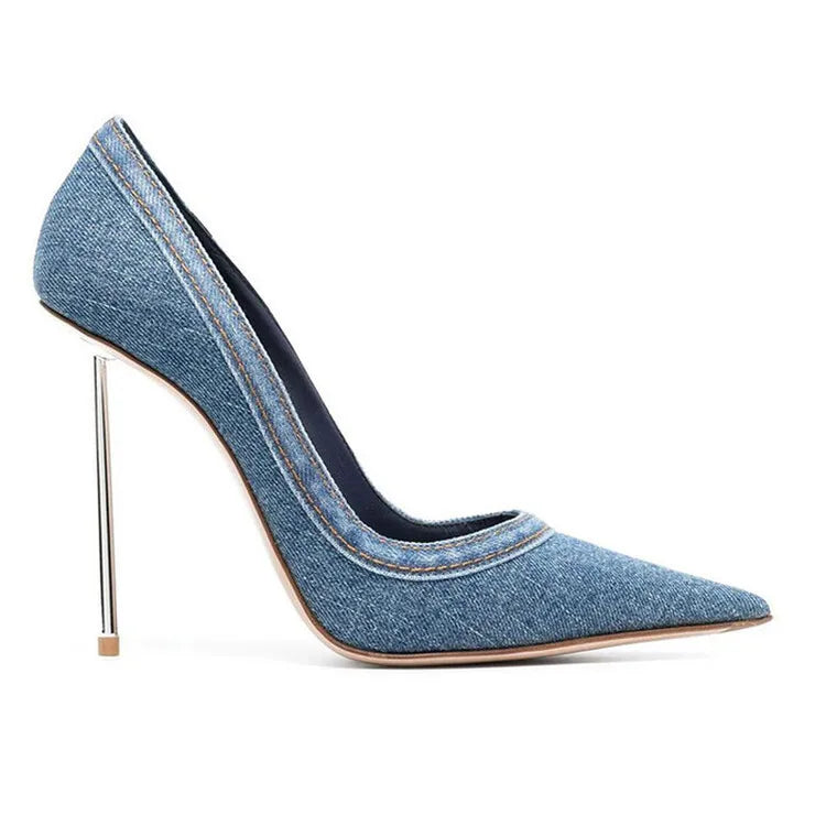 Zapatos de tacón alto de mezclilla para mujer, zapatos de tacón de Metal ajustados con correas en el tobillo, sandalias de tacón de Metal con punta puntiaguda para fiesta de banquete de talla grande