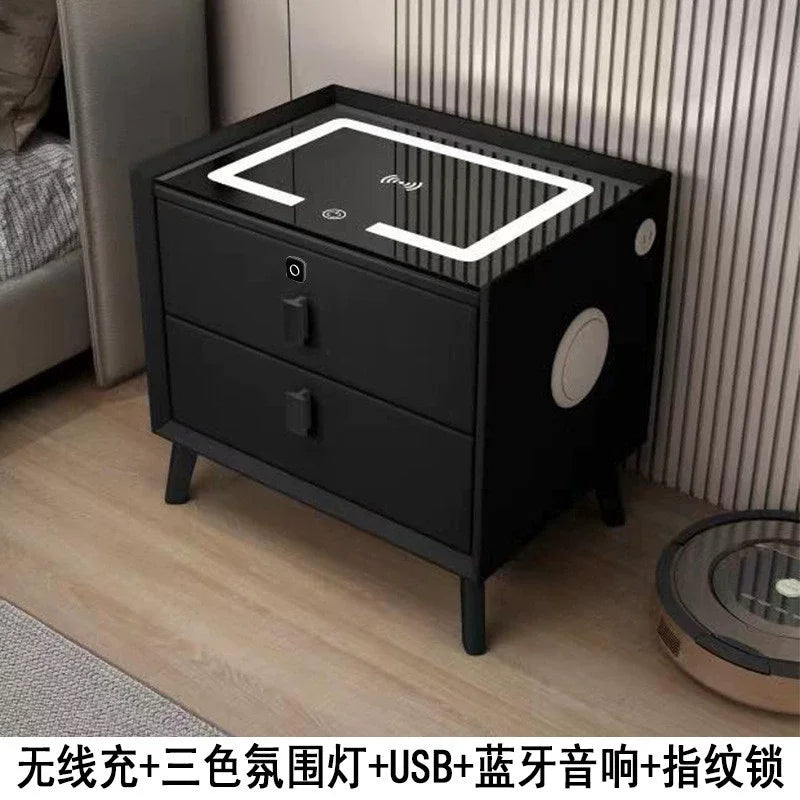 Mesita de noche de madera inteligente con altavoz cargador inalámbrico, mesita de noche minimalista moderna de dos cajones, muebles multifuncionales para el hogar