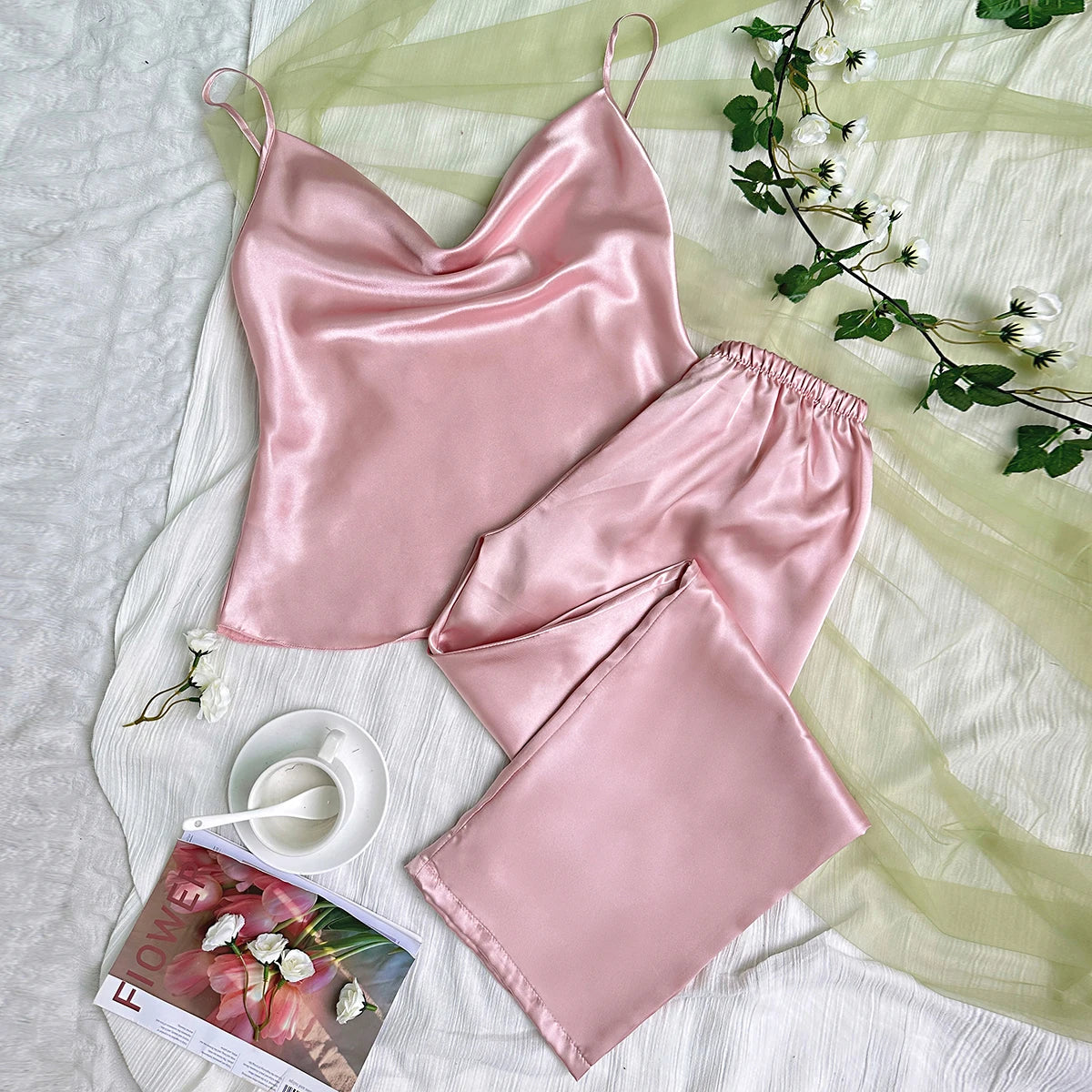 Conjunto de pijama de satén liso con cuello drapeado, Top camisola, pantalones con cintura elástica, ropa de dormir para mujer