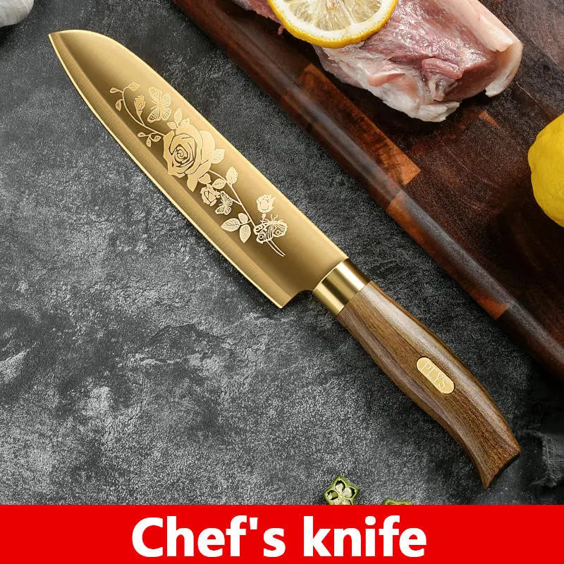 Juego de Cuchillos de Cocina de 4 Piezas con Diseño de Rosa Dorada, Cuchillo de Chef de Acero Inoxidable de Lujo para Cocinar, Herramientas de Cocina Profesionales Afiladas