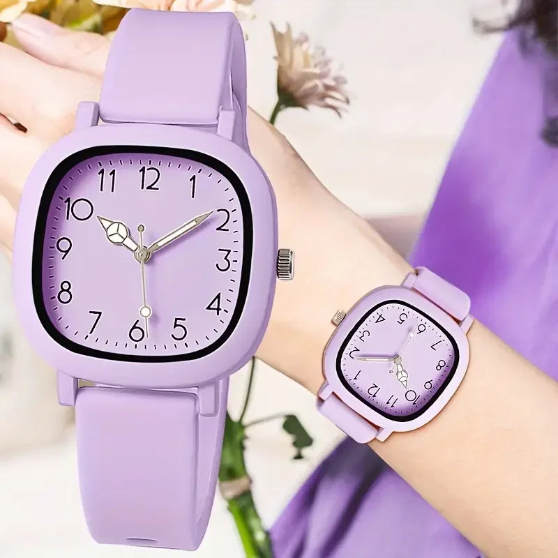 Relojes de Mujer con banda de silicona de Color caramelo a la moda, Reloj de pulsera de cuarzo con esfera cuadrada para Mujer, Reloj para niñas
