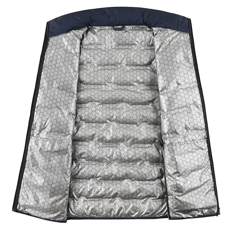 CHUJIE Chaqueta de plumón blanca de invierno para hombre, chaqueta de plumón plisada a prueba de viento con autocalentamiento de grafeno, chaqueta cálida informal con cuello levantado