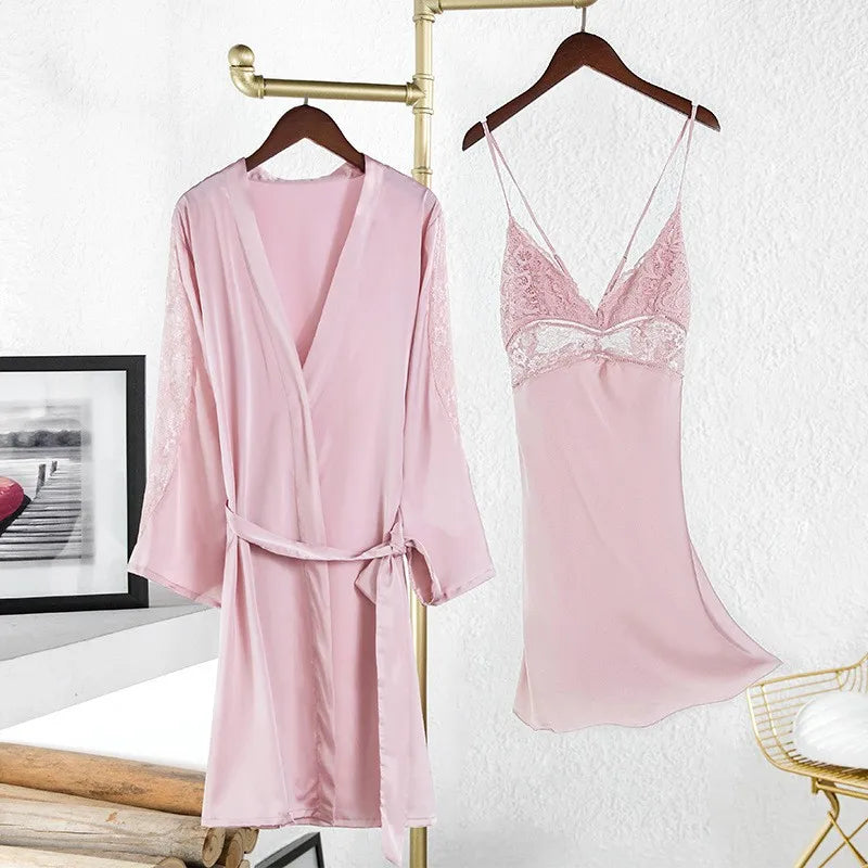 Sexy Intimate Lingerie Perspective Nightwear Lace Patchwork Home Wear Robe Suit Lady Kimono Gown Sleepwear Satin Nighty Bathrobe