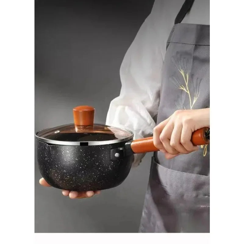 Cacerola antiadherente de 14cm/16cm con mango de madera y boquilla para verter, ideal para salsas y leche, nueva para cocina doméstica.