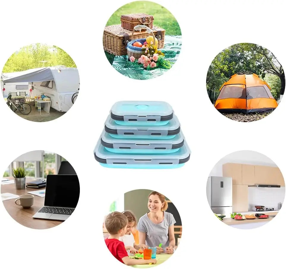 Contenedores plegables de almacenamiento de alimentos de 4PS con tapas y ventilación, juego de contenedores de preparación de comidas plegables de silicona apilables para cocina