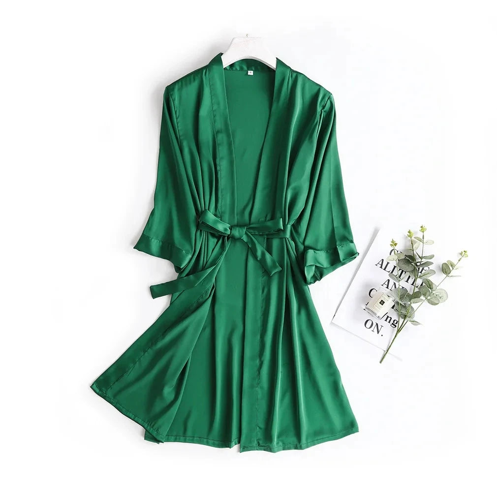Bata de Novia Blanca para Mujer, Kimono de Satén de Seda, Ropa de Dormir Holgada con Manga 3/4, Lencería