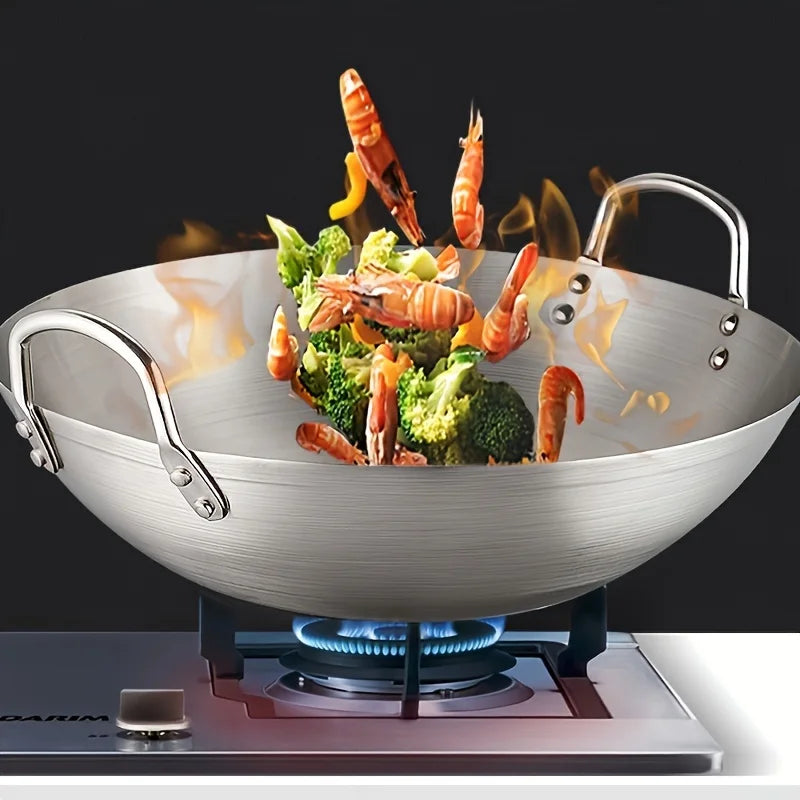 Wok grande de acero inoxidable, sartén de Chef duradera gruesa sin recubrimiento de alta calidad con asas dobles, fácil de limpiar para uso comercial, 1 ud.
