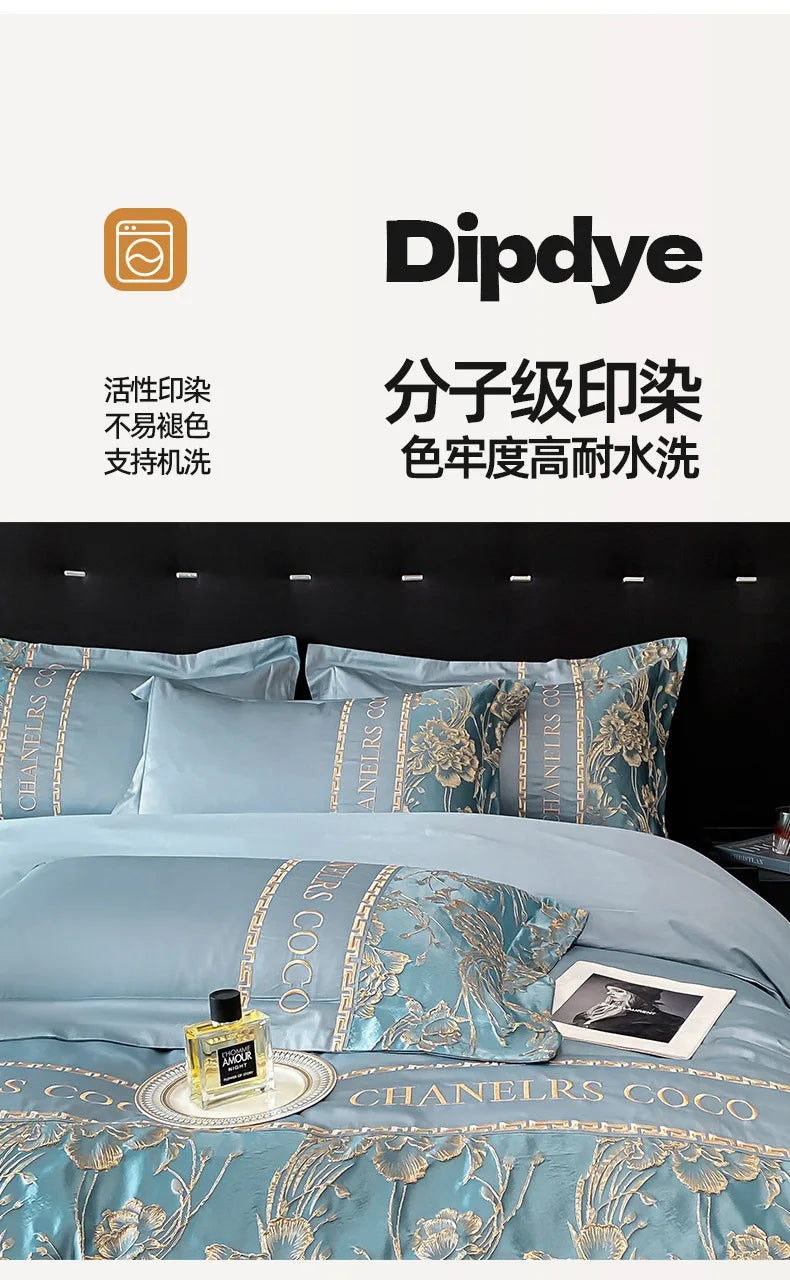 Juego de cama europeo de alta gama, juego de cuatro piezas de algodón de lujo, funda de edredón bordada de algodón, sábanas, sombreros, ropa de cama para personas mayores