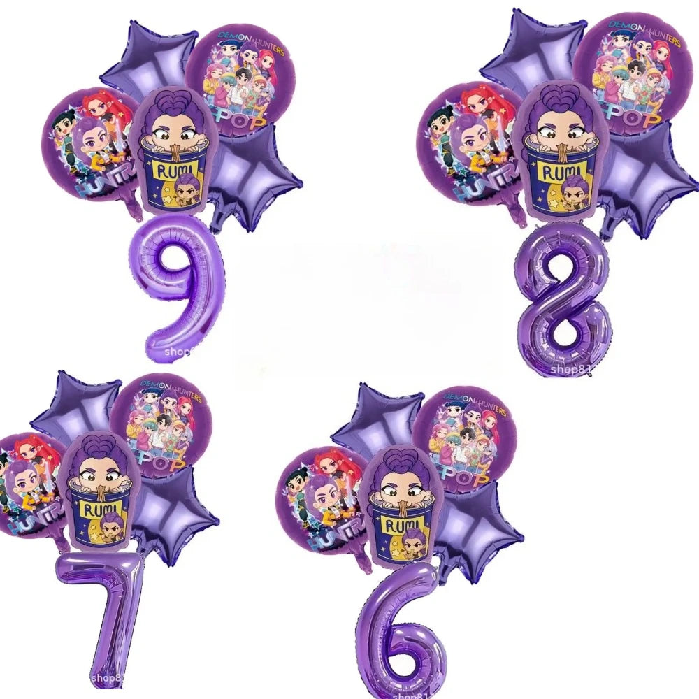 Set de Globos de Aluminio K-Pop para Grupo de Chicas, Números del 1 al 9 y Globos de Estrellas Púrpuras, Adornos para Pastel para Fiestas de Cumpleaños y Accesorios para Fotos