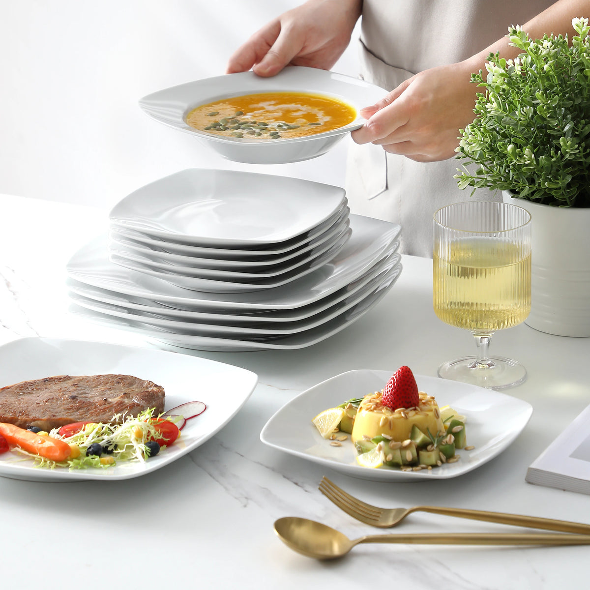 MALACASA-vajilla de porcelana de cerámica JULIA Classic, juego de 18 piezas con 6 platos de cena, sopa, postre, servicio de vajilla para 6