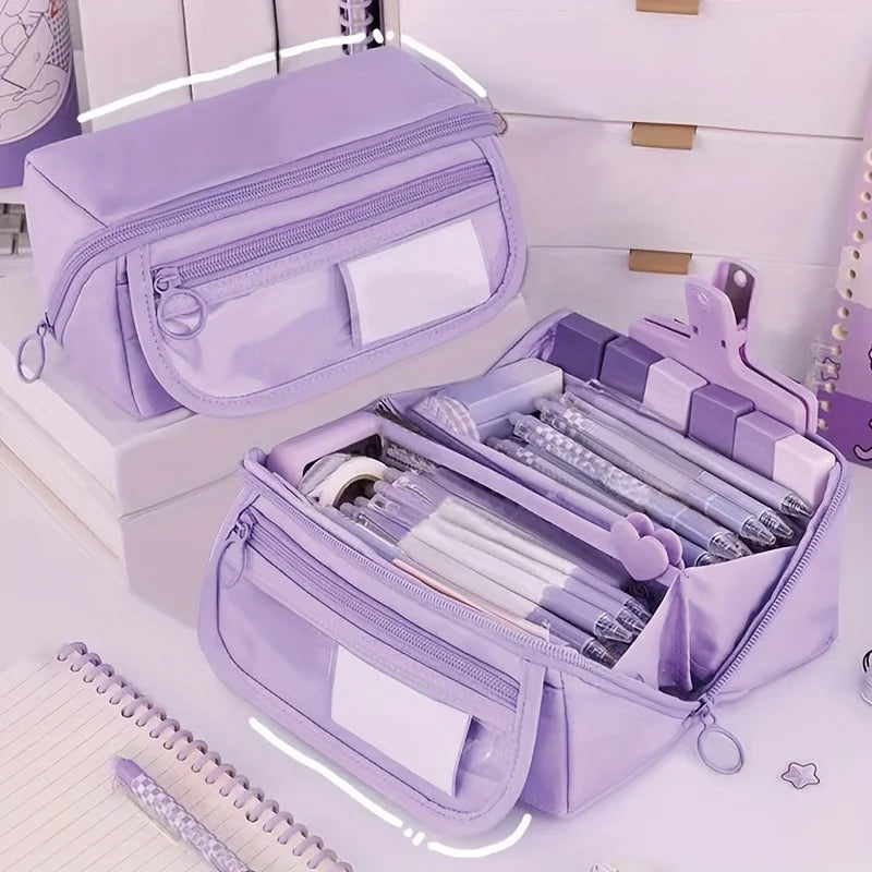 Estuche organizador para lápices de gran capacidad: almacenamiento de escritorio con múltiples compartimentos para material escolar y de oficina (rosa/púrpura/negro)