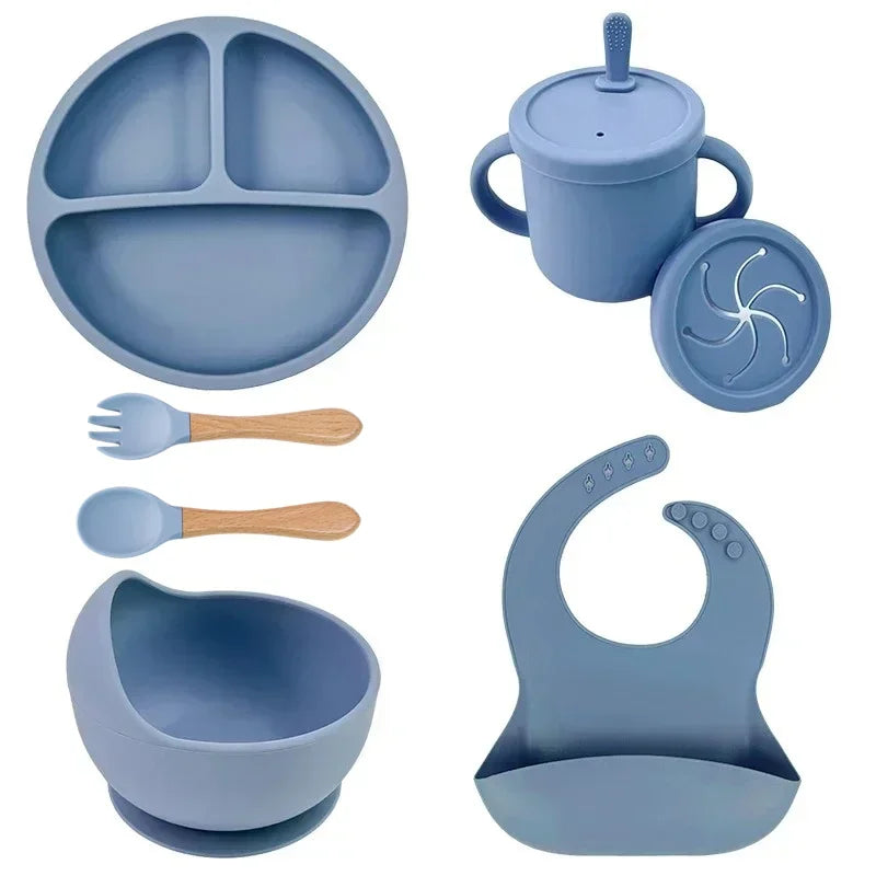 Juego de platos de silicona de grado alimenticio para niños, tazón de alimentación de bebé, plato de succión, taza de paja, cuchara de madera, tenedor, vajilla para niños, platos para niños pequeños