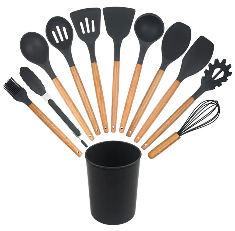 Juego de 12 utensilios de cocina de silicona con mango de madera, espátula antiadherente, cuchara para sopa y freír