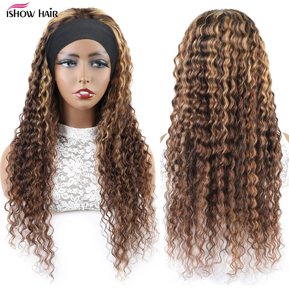 Peluca con diadema P4/27, cabello humano resaltado, pelucas de cabello humano rizado de onda profunda de 250 de densidad, peluca completa hecha a máquina de color rubio miel