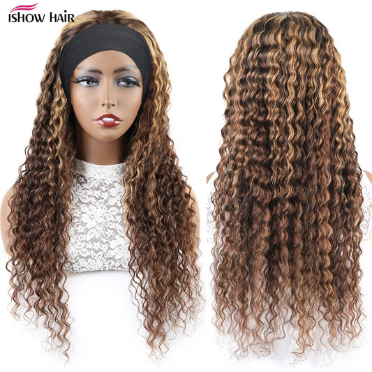 Peluca con diadema P4/27, cabello humano resaltado, pelucas de cabello humano rizado de onda profunda de 250 de densidad, peluca completa hecha a máquina de color rubio miel