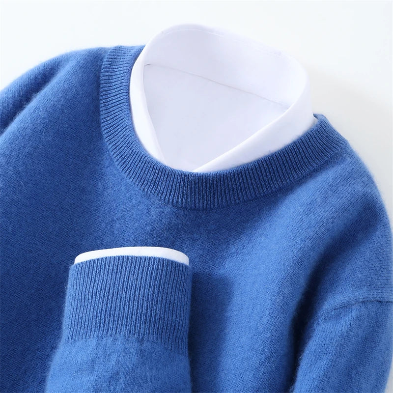 Otoño/Invierno, jersey de cachemira pura de 100% para hombre, suéter de punto liso informal de negocios, Tops sueltos de cuello redondo, jersey grueso y cálido
