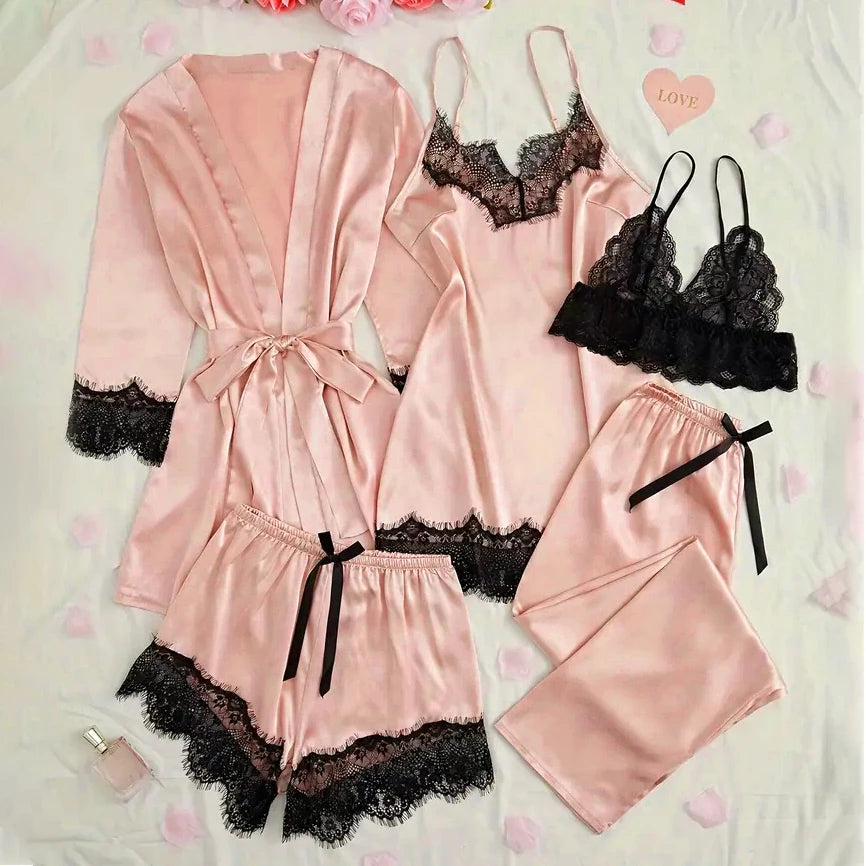 Conjunto de pijama de satén para mujer, lencería Sexy rosa, bata de baño de encaje de retazos, vestido de noche de seda, pantalones, ropa de dormir para el hogar
