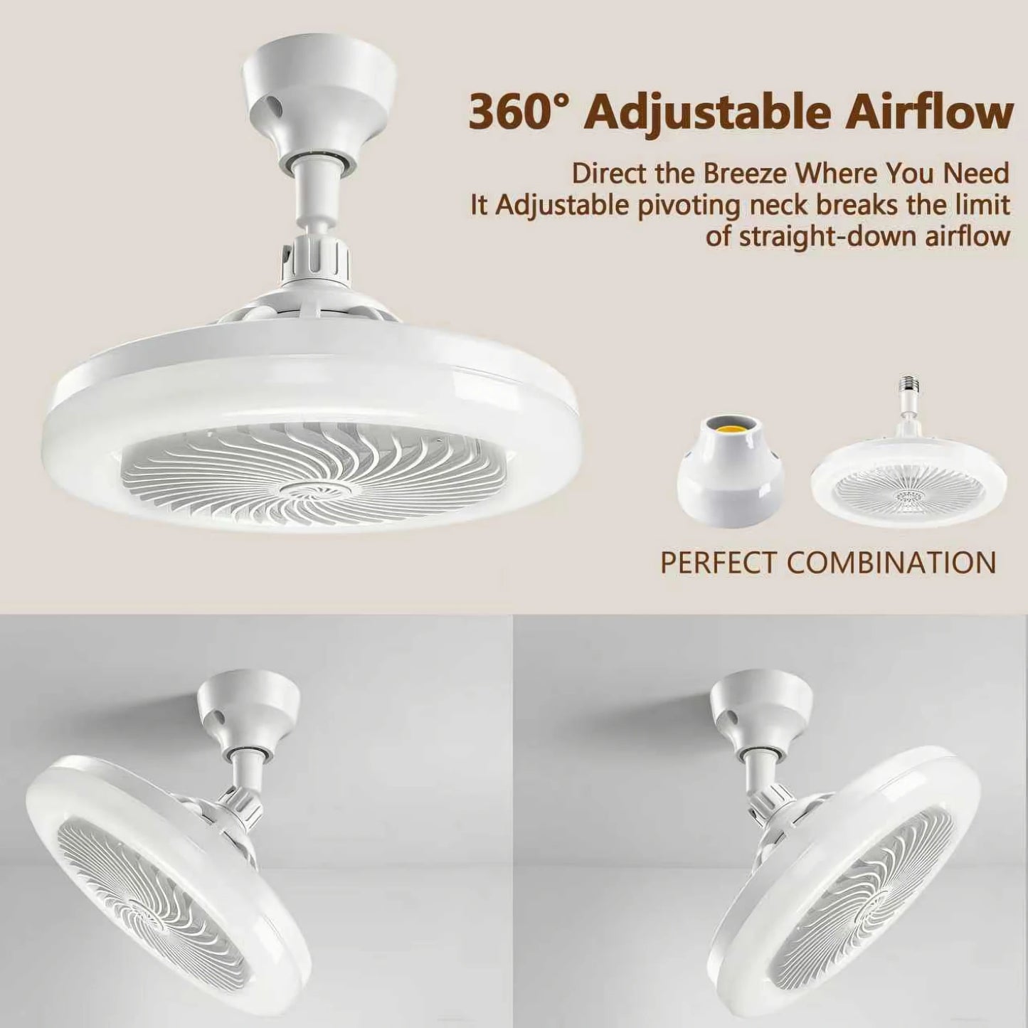 Ventilador de techo LED 2 en 1 de 50W con soporte para lámpara, control remoto, 3 velocidades, luz ajustable y regulable para dormitorio y sala de estar