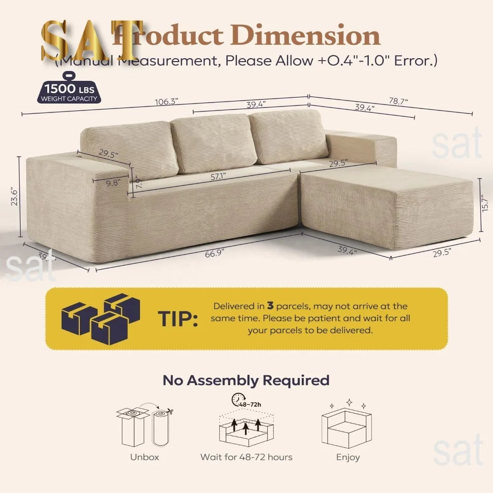 Sofá seccional reversible Cloud de 106" - Asiento profundo, modular en forma de L, tapizado en espuma, sin montaje, salón/dormitorio