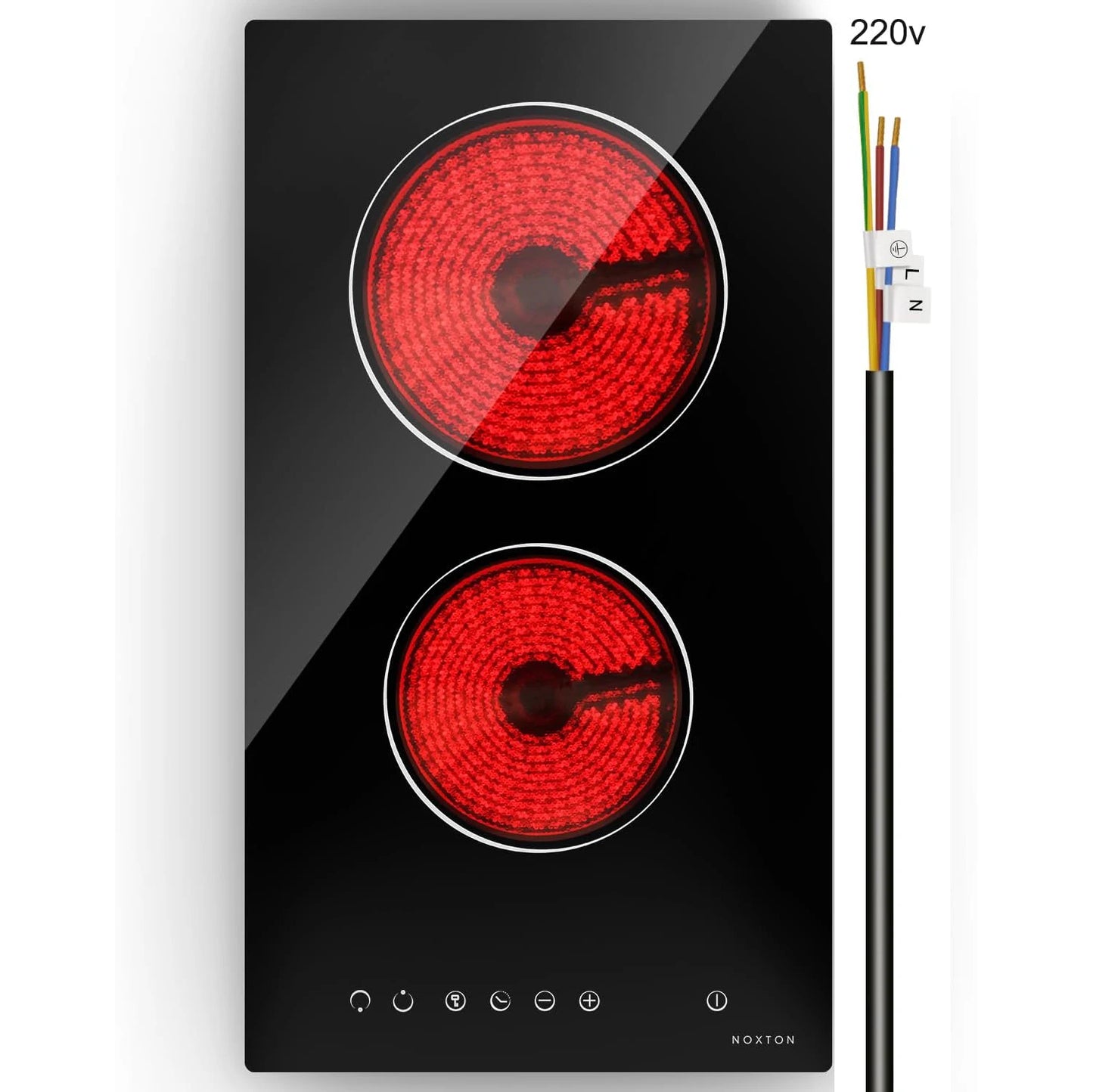 NOXTON Placa vitroceramica 2 Fuegos, 3000W, vitrocerámica 60 cm, Ajuste de 9 velocidades, Bloqueo de seguridad, Indicador de calentamiento, Mandos táctiles