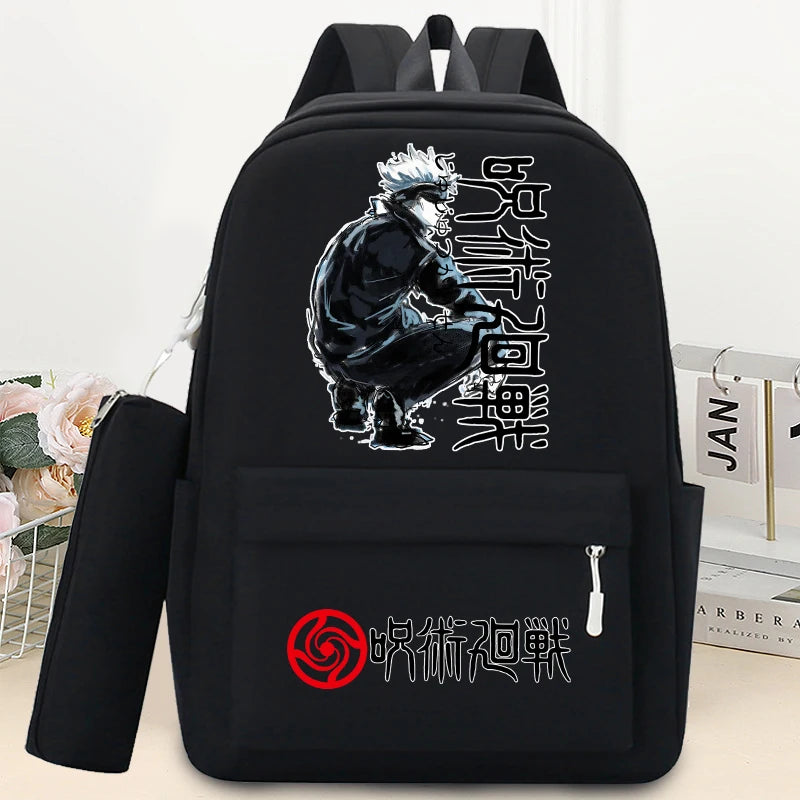 Mochilas Jujutsu Kaisen de 2 piezas con estuche para lápices para estudiantes, mochila escolar con estampado de dibujos animados, mochila de moda para guardar libros y artículos de papelería