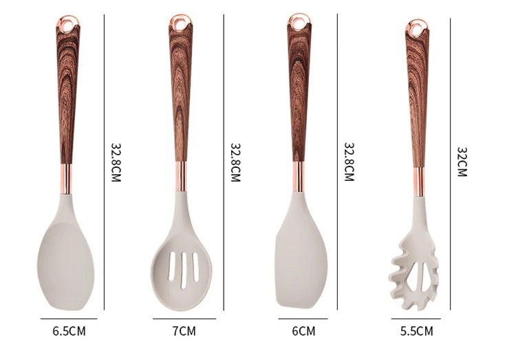 LMETJMA Juego de utensilios de cocina de silicona, 10 Uds., utensilio de cocina con soporte para utensilios, asas de patrón de madera, utensilios de cocina antiadherentes JT264