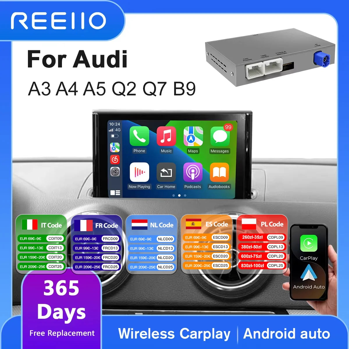 CarPlay inalámbrico para Audi A3 S3 8V Q2 2013-2018 Android Auto con tinta de espejo AirPlay cámara inversa funciones de navegación