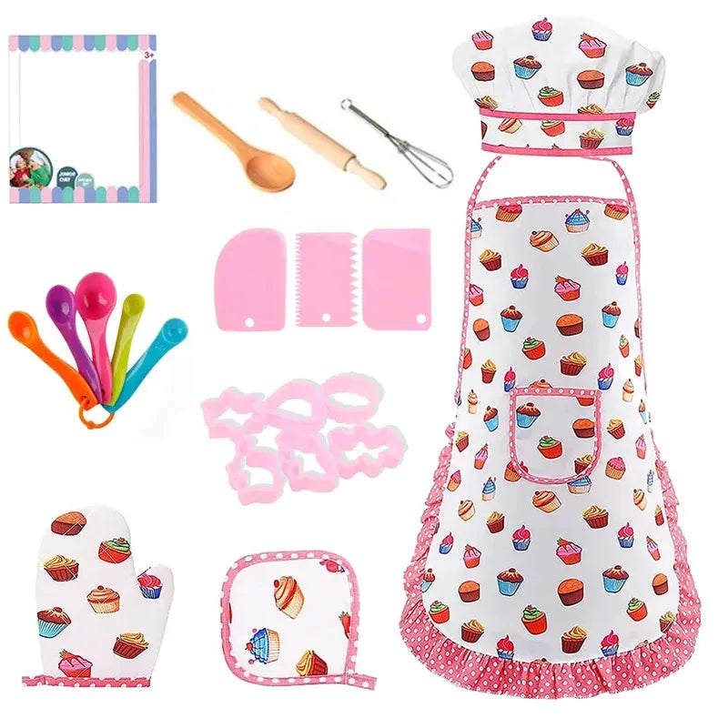 Juguetes de cocina para hornear, juego de simulación, herramientas de cocina, delantal de Chef para niñas pequeñas, disfraz rosa, juguetes educativos de vestir, regalo