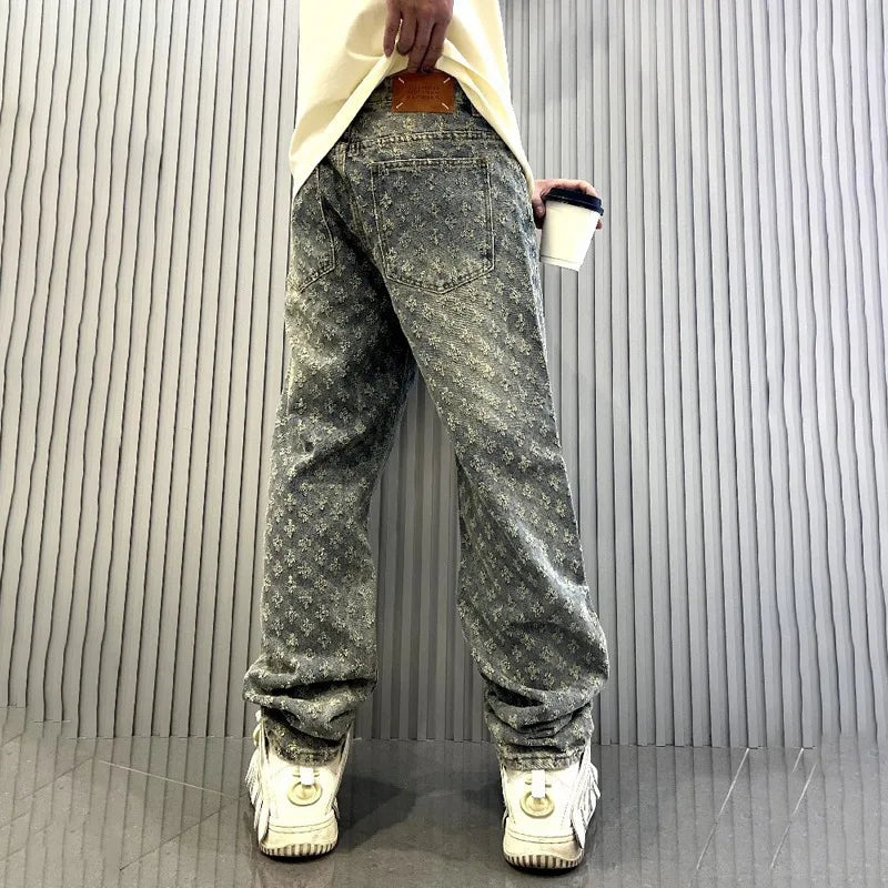 Ropa de calle americana Ins, pantalones estampados bordados Retro, diseño Jacquard de marca a la moda, pantalones vaqueros de Hip Hop de piernas anchas Y2K para hombre