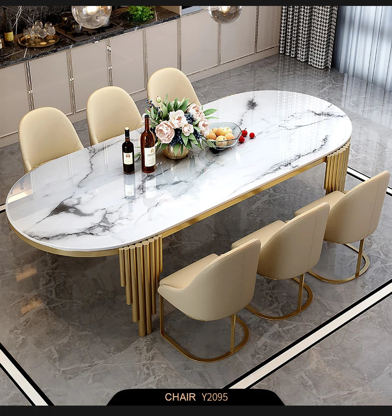 Juego de comedor de acero inoxidable, muebles para el hogar, mesa de comedor de mármol moderna