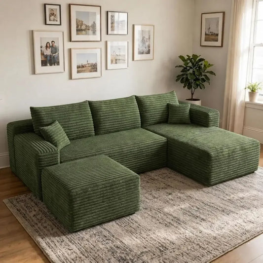 Sofá Seccional Verde 94 con Otomana, Tela de Pana, Espuma Viscoelástica, Comodidad Nube, No Requiere Montaje
