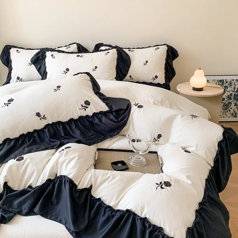 Juego de funda nórdica bordada con rosas de 3 piezas (1 funda nórdica + 2 fundas de almohada, sin núcleo), juego de cama de encaje estilo princesa